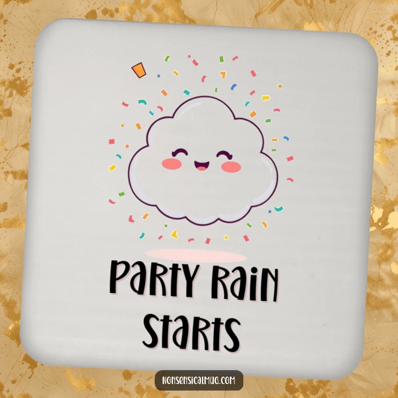 Funny happy little cloud showering colorful confetti from above on a drink coaster, providing surface protection with a festive and joyful theme.