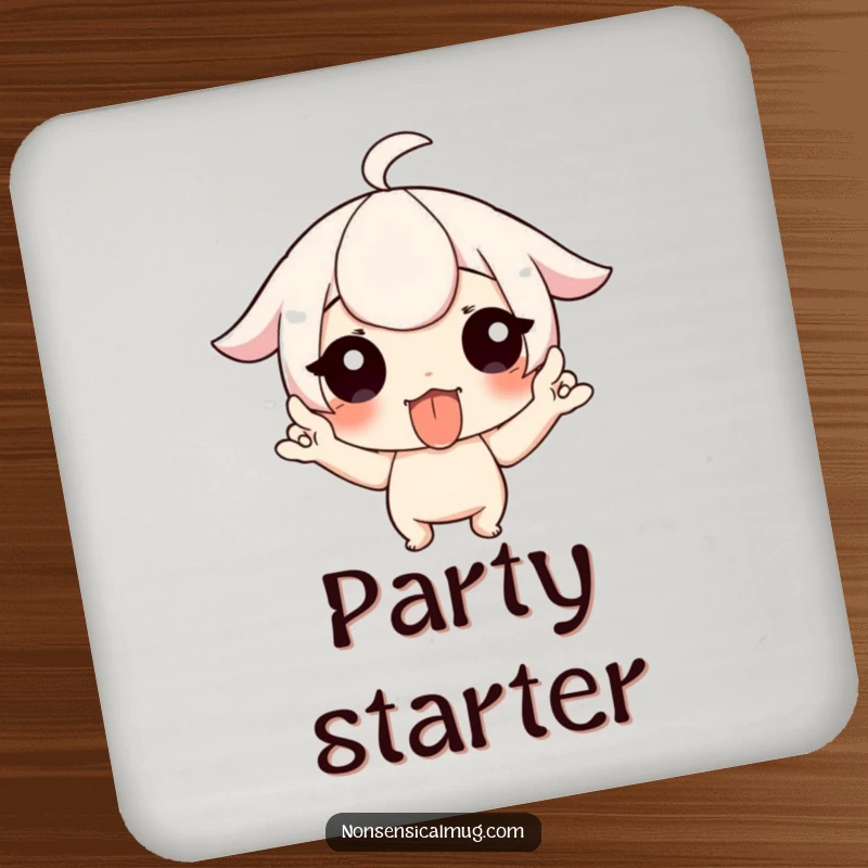 Funny drink coaster featuring a character playfully sticking out their tongue and wiggling fingers, protecting surfaces with humor.