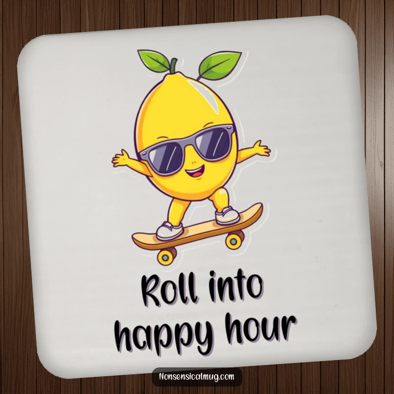 Funny lemon with sunglasses skateboarding, designed as coasters for a humorous and cool drink setup.