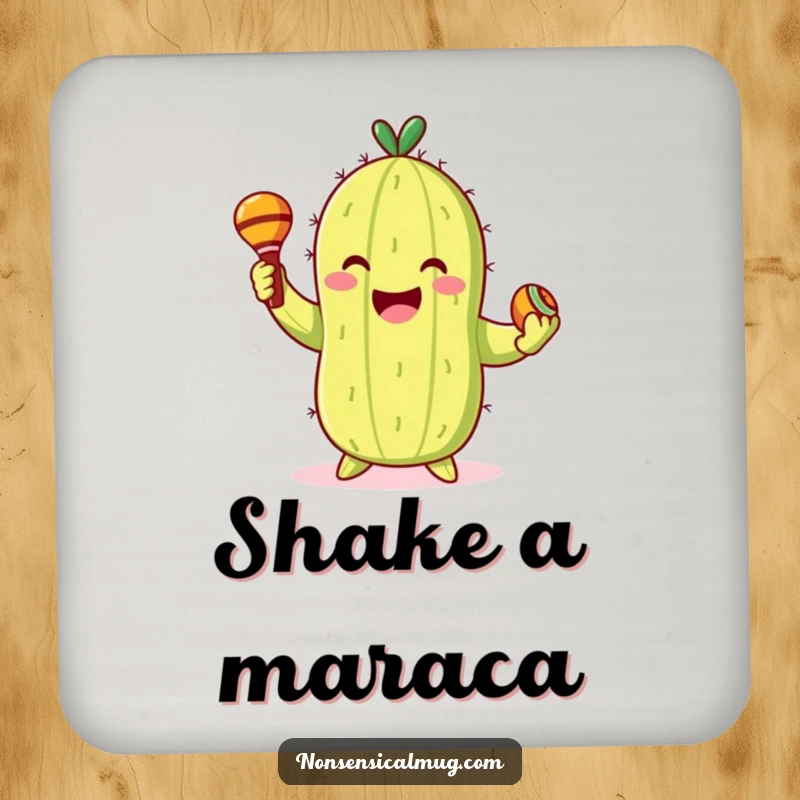 Funny Drink Coaster: Smiling cactus character gleefully dancing with maracas, providing festive protection.