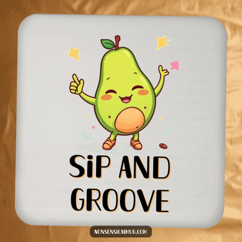 Funny drink coaster featuring a winking avocado breakdancing with its pit, adding a humorous and protective element to tabletops.
