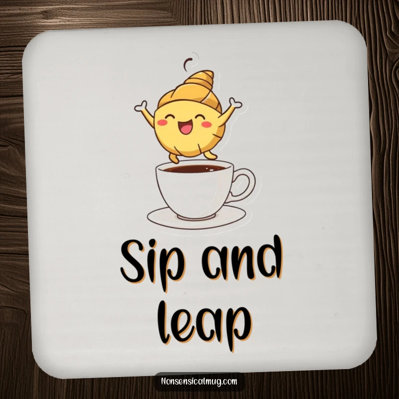 Funny croissant character joyfully leaping over a coffee cup on a set of drink coasters, protecting surfaces with humor.