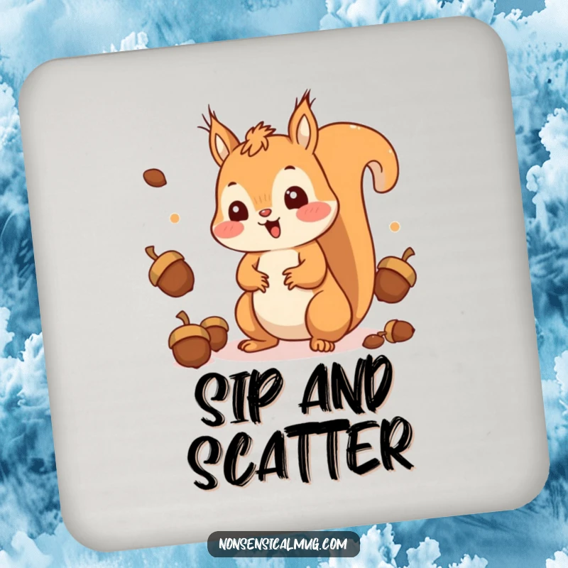 Funny Squirrel Coaster: A surprised kawaii squirrel happily juggling acorns, protecting tables.