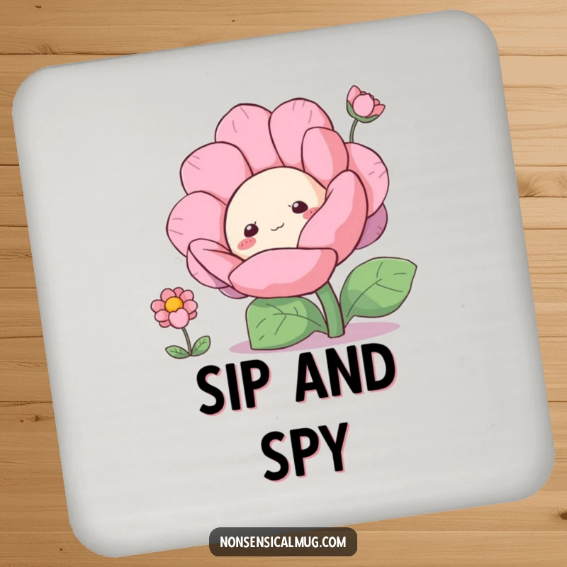 Funny curious blob character peeking from behind a large flower on a drink coaster, adding intrigue.