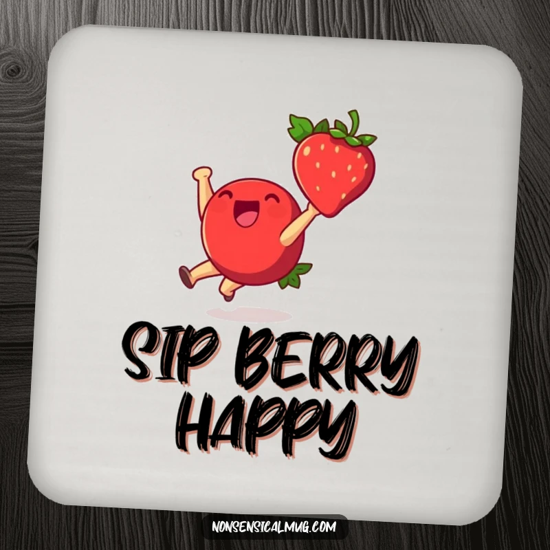Funny drink coaster featuring a cheerful strawberry character in a cartwheel pose, adding a humorous and protective element to tabletops.