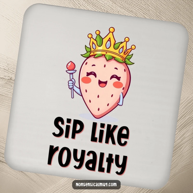 Funny strawberry wearing a crown and holding a scepter on a coaster, offering a humorous and regal surface.
