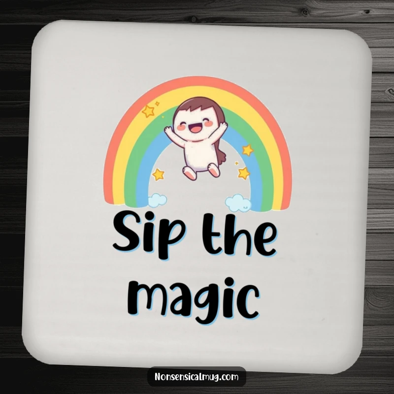 Funny drink coaster: a laughing character slides down a rainbow, adding a touch of whimsy to drink protection.