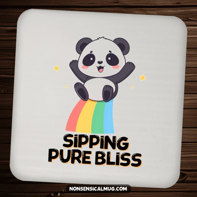 Kawaii Panda Coaster: A cute kawaii panda gleefully sliding down a vibrant rainbow, protecting tables.