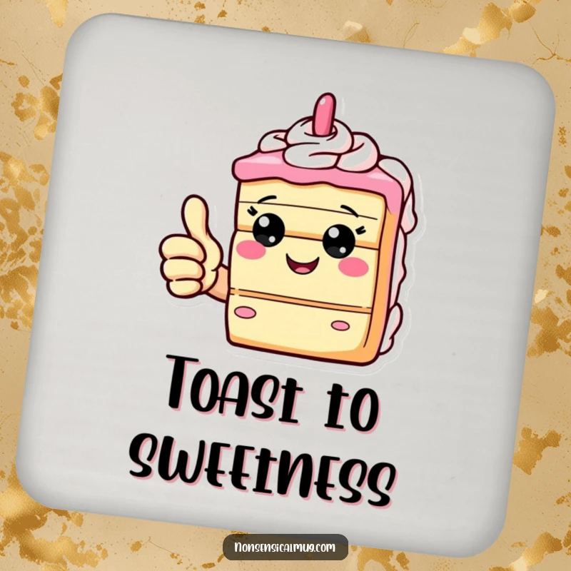 Funny drink coaster featuring a giddy slice of cake giving a thumbs up, adding sweet style and surface protection.