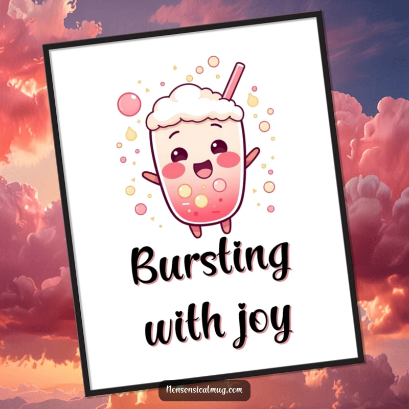 Funny poster art of a bubbly soda character bursting with excitement, surrounded by dynamic fizz and effervescence.