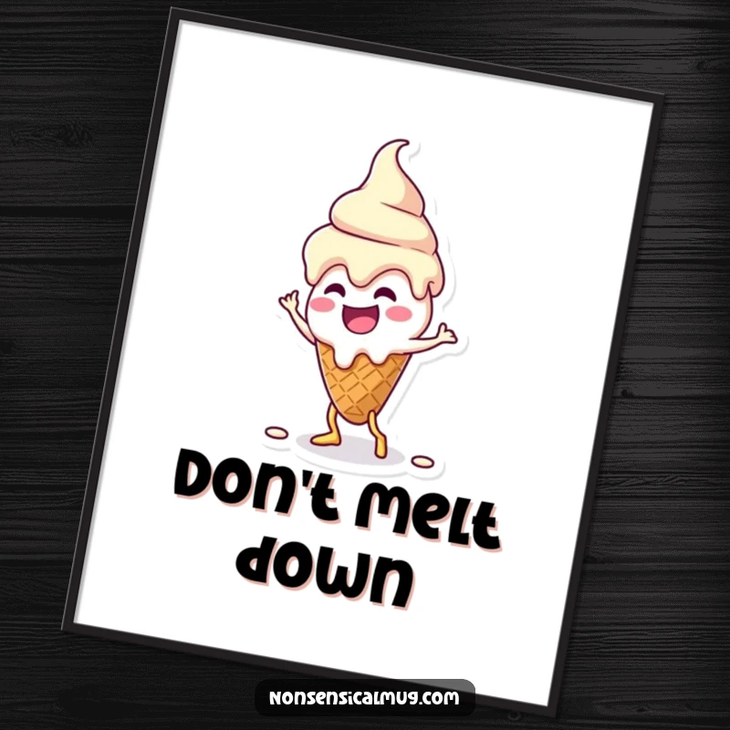 Funny kawaii melting ice cream cone character doing a silly dance on a high-quality poster, bringing sweet delight.