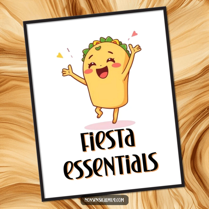 Funny poster illustrating a joyful taco performing a lively celebratory dance, bringing fiesta energy to any room.
