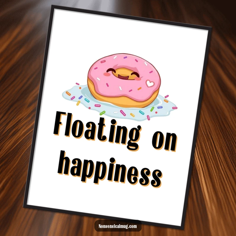 Funny poster art of a giggling donut character floating joyfully in a colorful pool of sprinkles, creating a sweet and humorous scene.