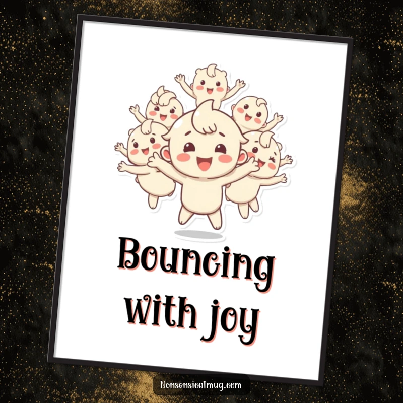 Funny poster depicting a happy character energetically splitting into multiple bouncing duplicates, capturing a scene of pure, amplified joy and playful movement.