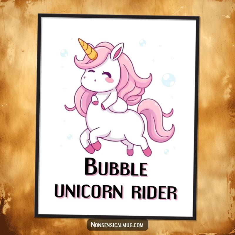 Funny poster depicting a giggling character on a unicorn formed from delicate, shimmering bubbles, capturing a whimsical and enchanting scene of pure delight.