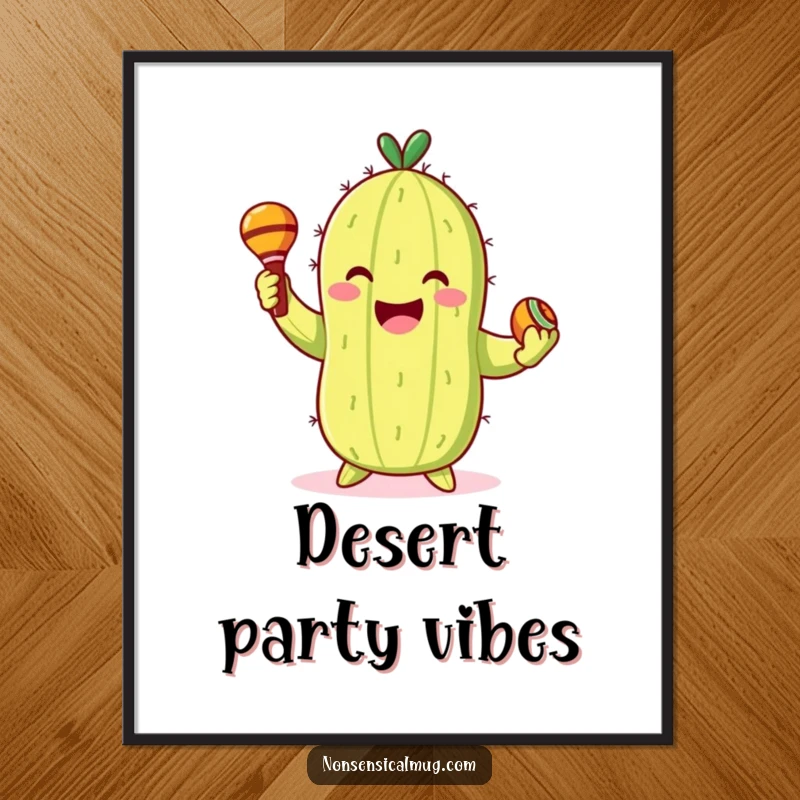 Funny Poster: Smiling cactus character gleefully dancing with maracas, creating a vibrant piece of art.
