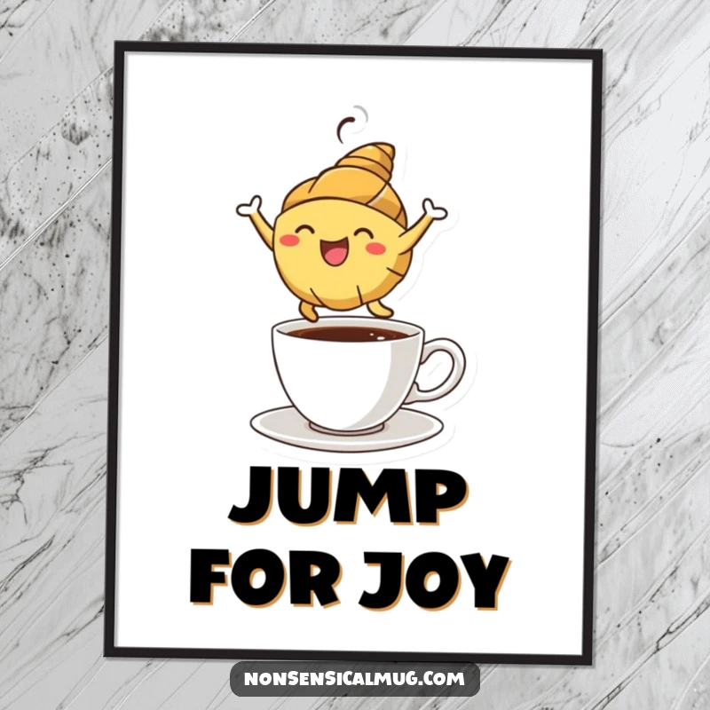 Funny croissant character captured in a dynamic leap over a coffee cup, creating a whimsical and humorous piece of wall art.