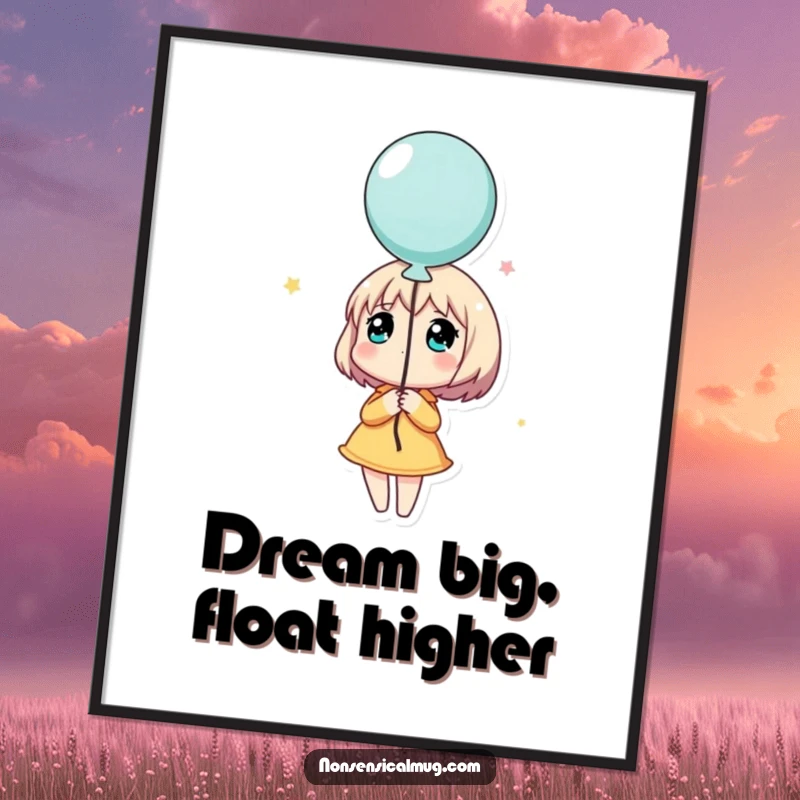 Funny poster art of a character holding a balloon and looking up dreamily, a heartwarming and inspirational piece for wall decor.