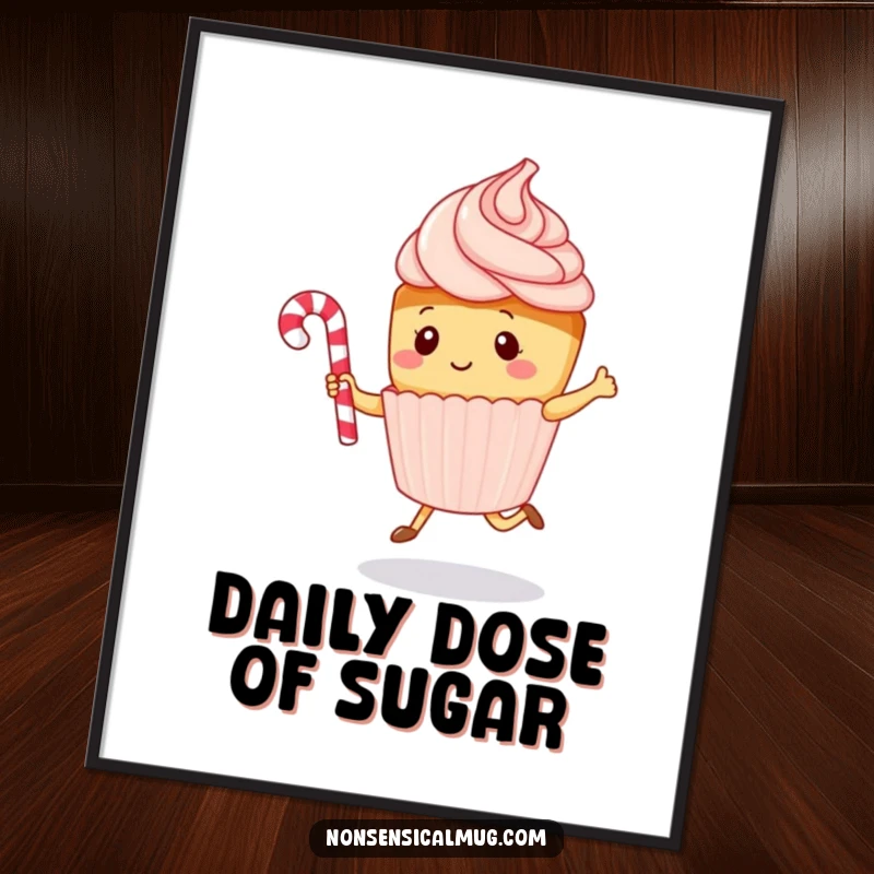 Funny kawaii cupcake character enthusiastically jumping rope with a candy cane, designed as vibrant wall art, a humorous decorative piece.