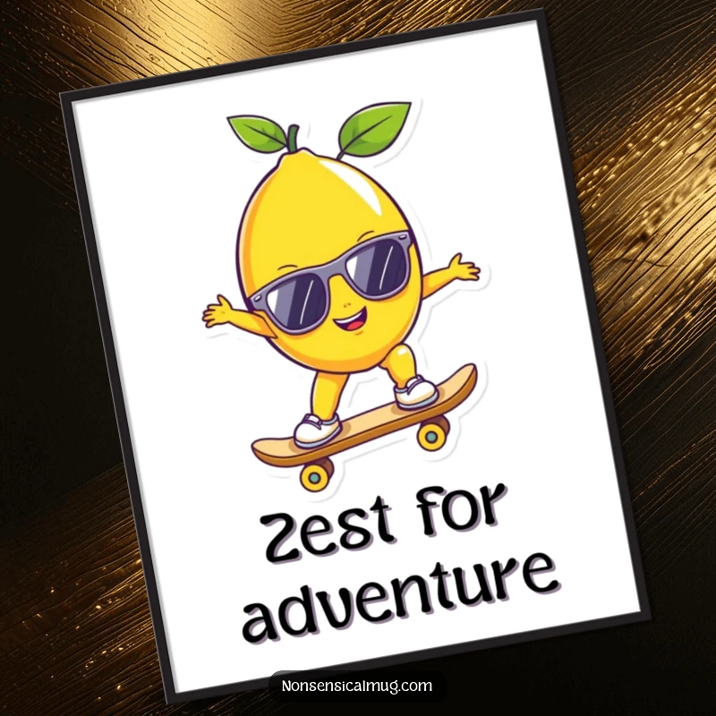 Funny lemon wearing sunglasses on a skateboard, presented as a humorous and vibrant poster for wall decor.