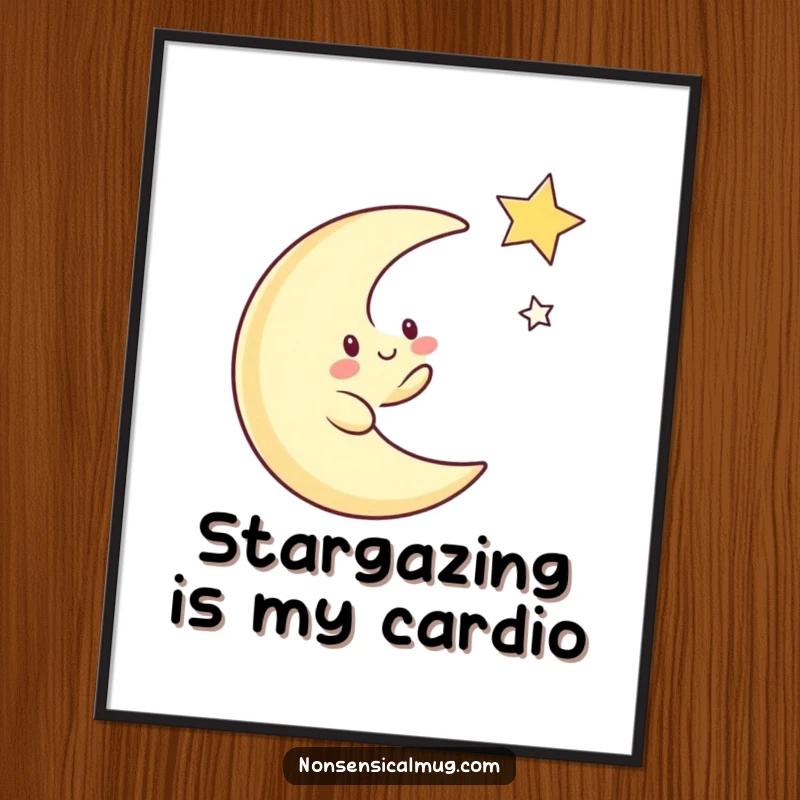 Funny poster featuring a whimsical crescent moon character in playful pursuit of a twinkling star, set against a starry sky.