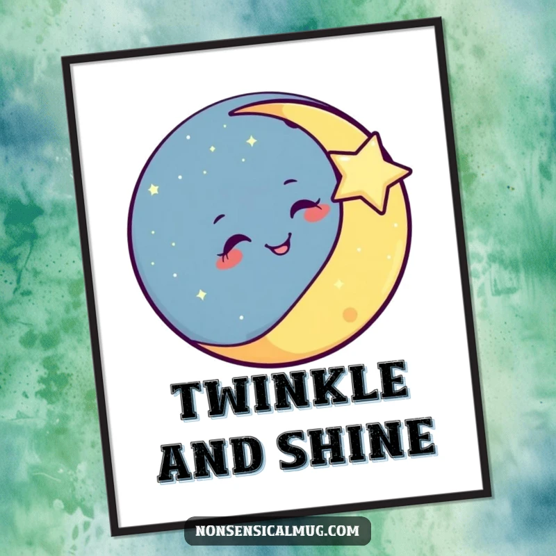Funny smiling moon winking playfully at a twinkling star, depicted as charming wall art.