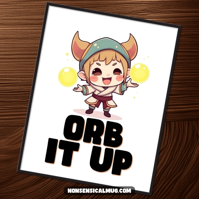 Funny poster art of a sly character juggling three bright, glowing orbs, creating a captivating and magical display.