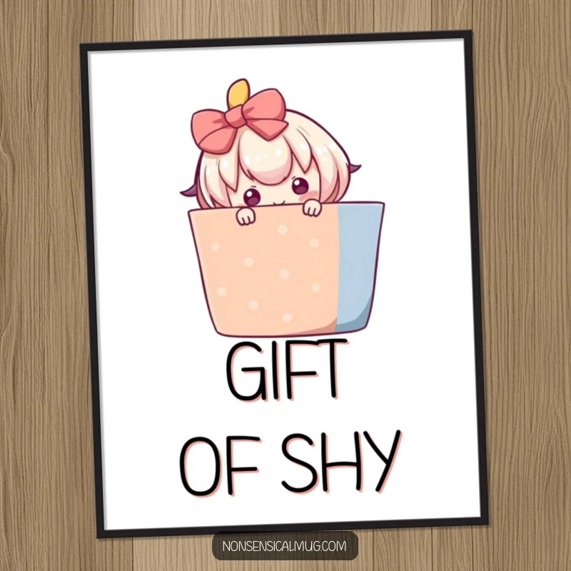 Funny poster of a blushing character shyly peeking from behind a large, colorful gift, a sweet and humorous artwork.