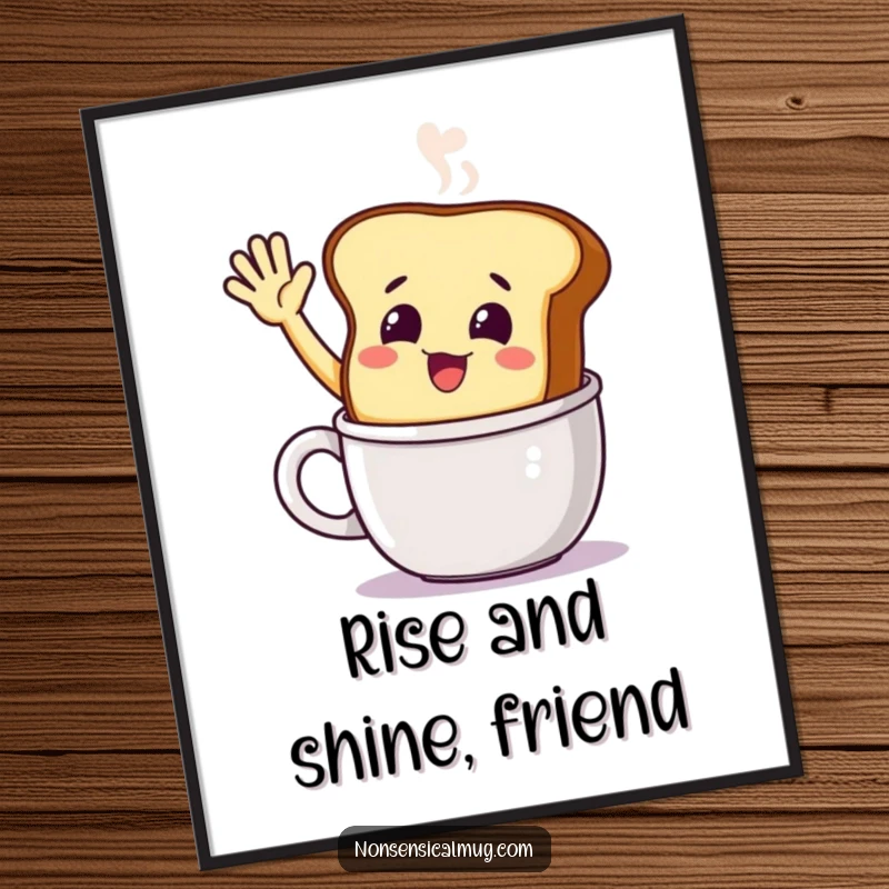 Funny smiling toast character waving from a steaming mug on a poster, creating a cheerful and inviting piece of wall art.