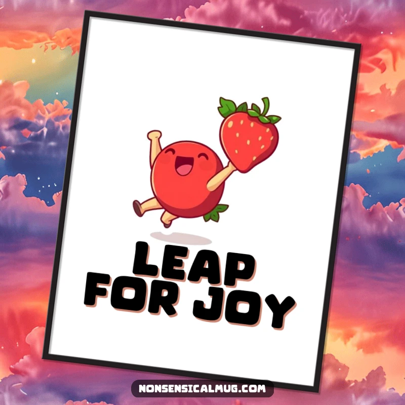 Funny poster art of a cheerful strawberry character mid-cartwheel, leaping with joy and a bright, infectious smile, spreading happiness.