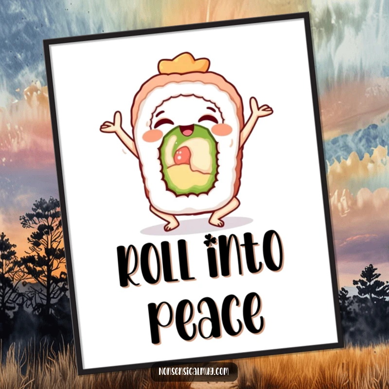 Funny sushi roll in a relaxing yoga pose, presented as a humorous and serene poster for decor.