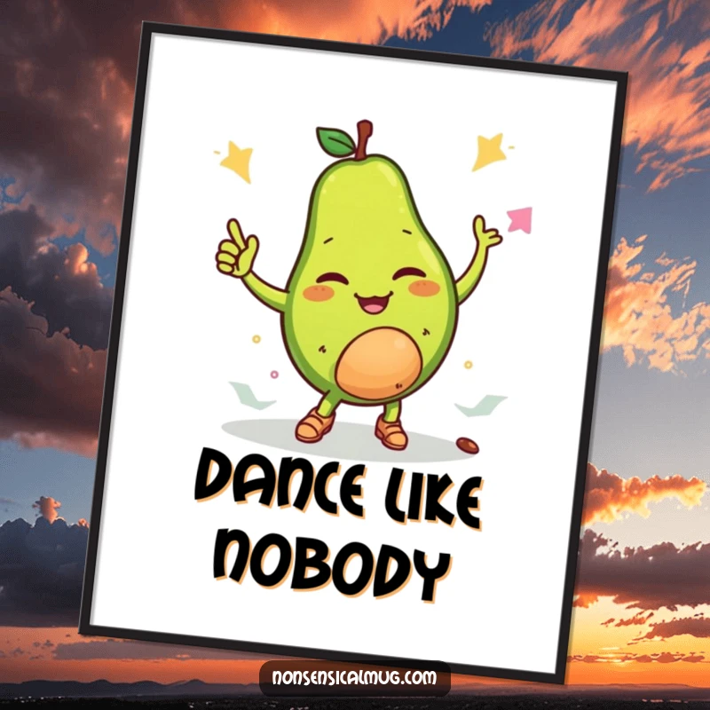 Funny poster art of a winking avocado character breakdancing with its pit, creating a dynamic and humorous visual.