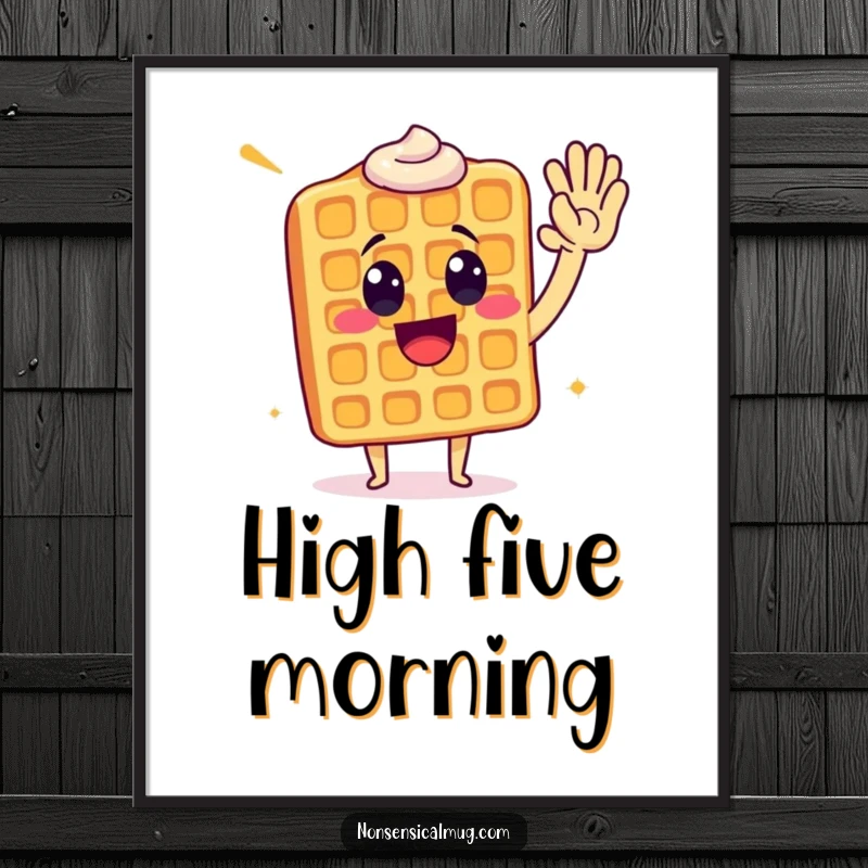 Funny waffle giving a high five, presented as a humorous and cheerful poster for wall decor.