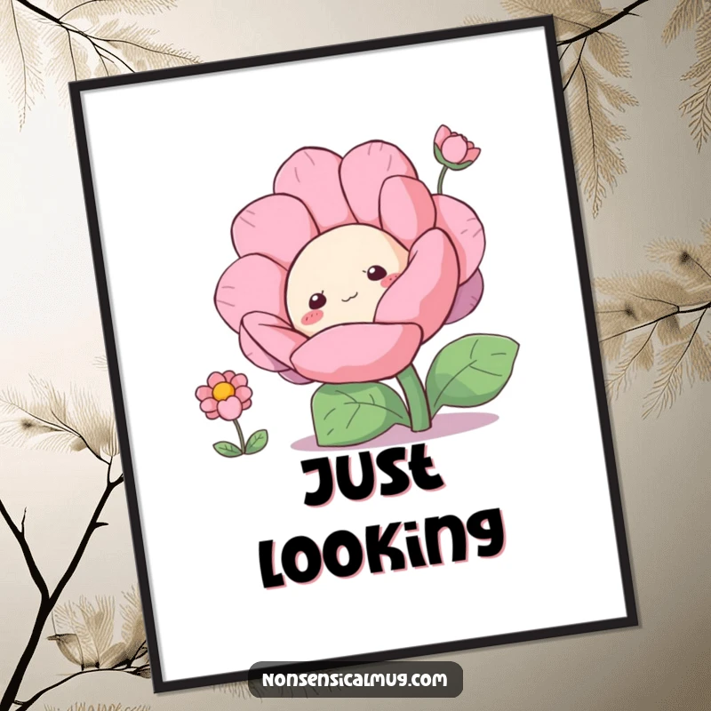 Funny curious blob character peeking from behind a large flower, depicted as charming wall art.