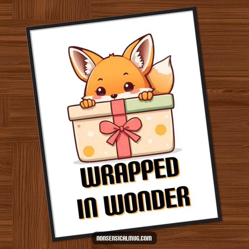 Kawaii Fox Poster: A cute kawaii fox peeking from behind a large, colorful gift, adding charm to walls.