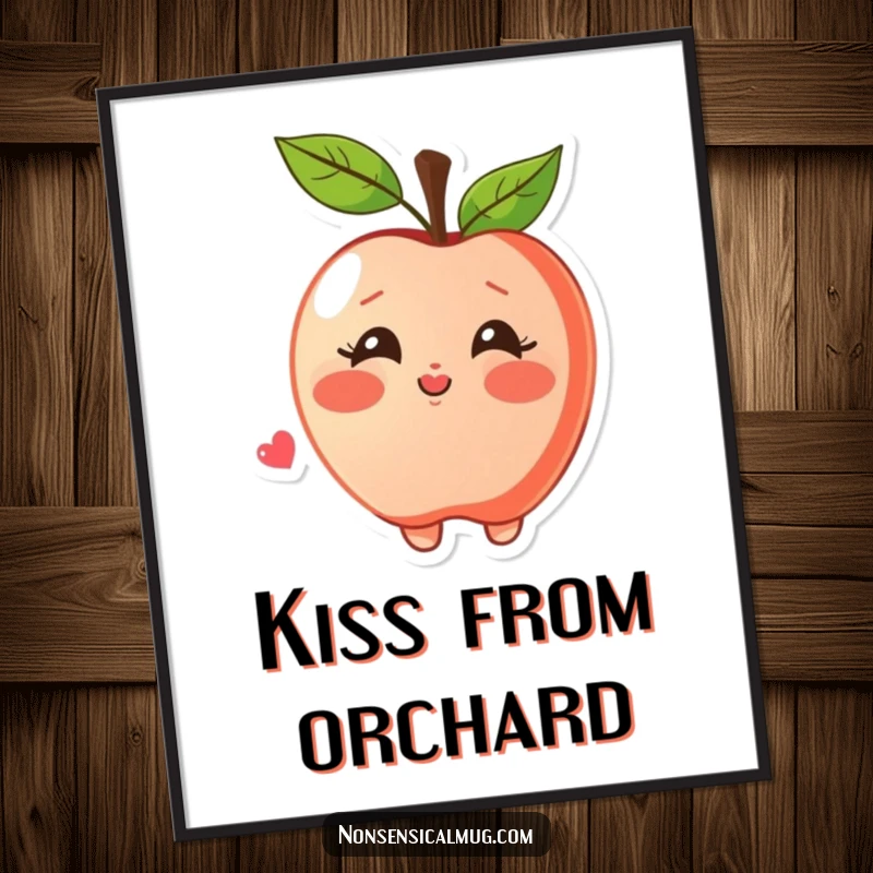 Funny apple poster illustrating a blushing apple character joyfully blowing a kiss, perfect for adding romantic charm to walls.