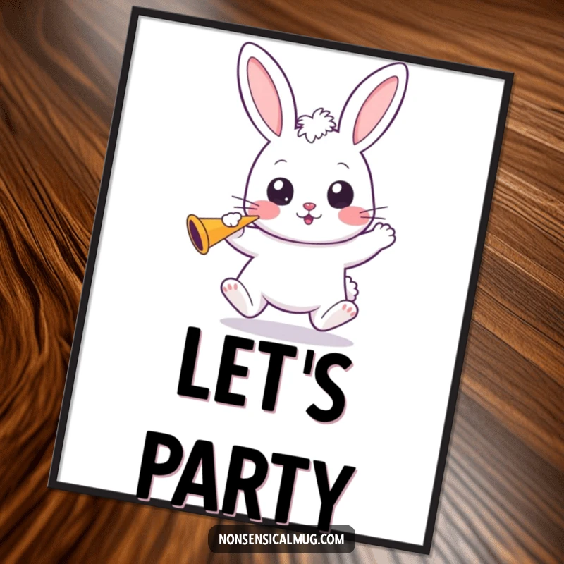 Funny Kawaii Bunny Poster: A cute kawaii bunny bounces with wide eyes, holding a party horn, ready for festivities.
