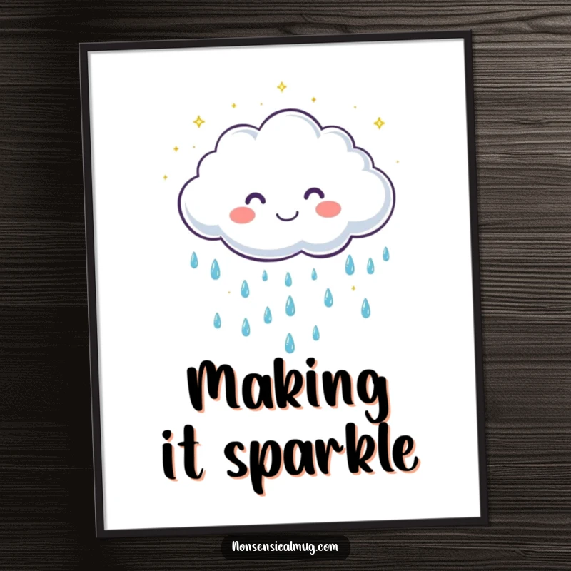 Funny poster featuring a cute, smiling cloud character showering gentle, sparkling raindrops, creating a cheerful and whimsical atmosphere.
