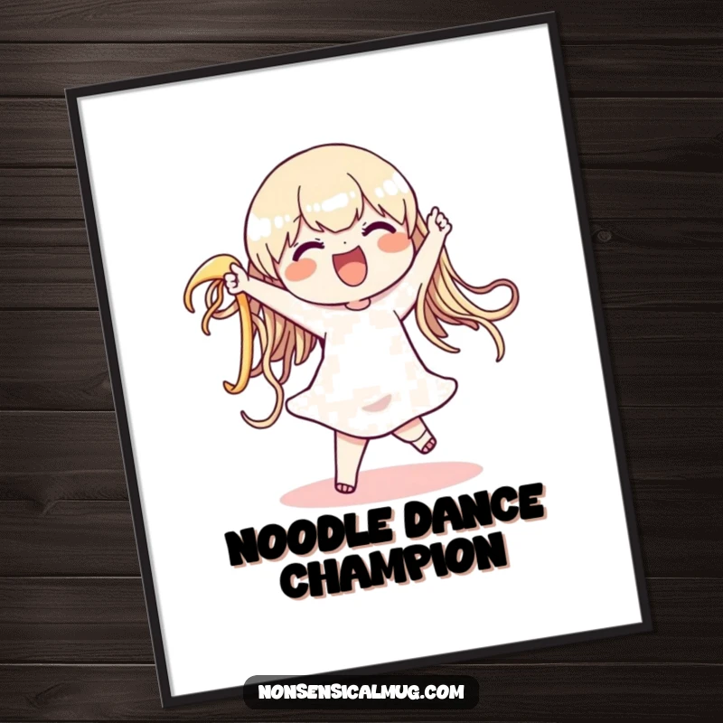 Funny poster displaying a happy character in a comical dance with an oversized, wiggling noodle, capturing a moment of pure, unadulterated joy.