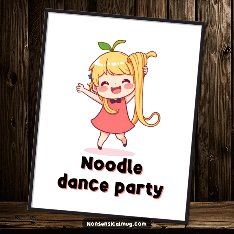 Funny poster art of a delighted character joyfully dancing with one massive, wiggly noodle. Whimsical kitchen decor.