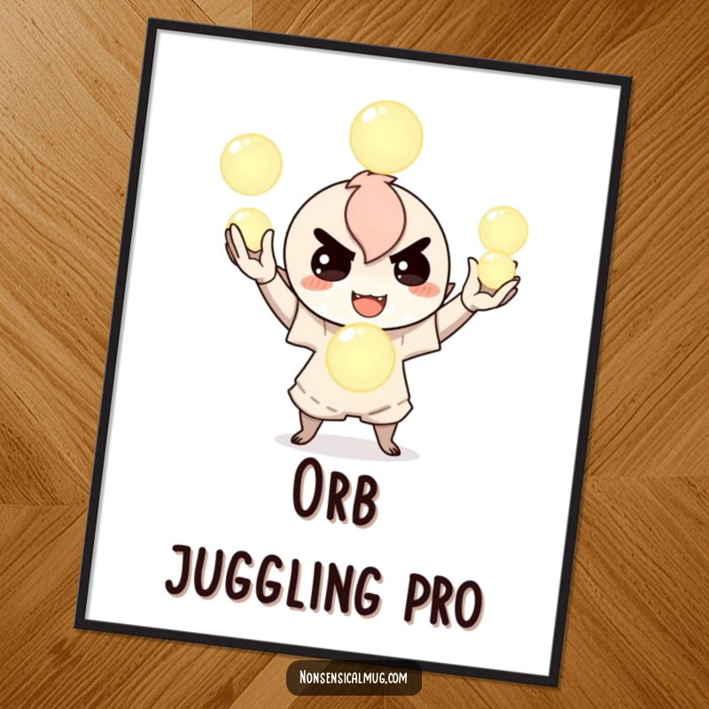 Funny poster illustration of a mischievous character with a sly grin, juggling three bright, glowing orbs, capturing a moment of playful magic and skill.
