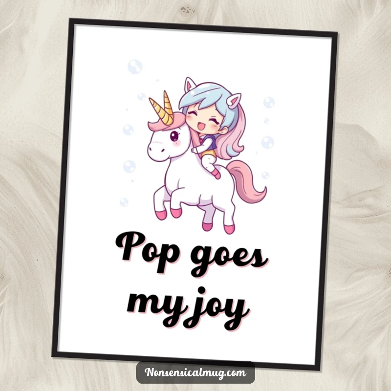 Funny poster art of a giggling character riding a magical unicorn composed of shimmering bubbles. Whimsical and enchanting decor.