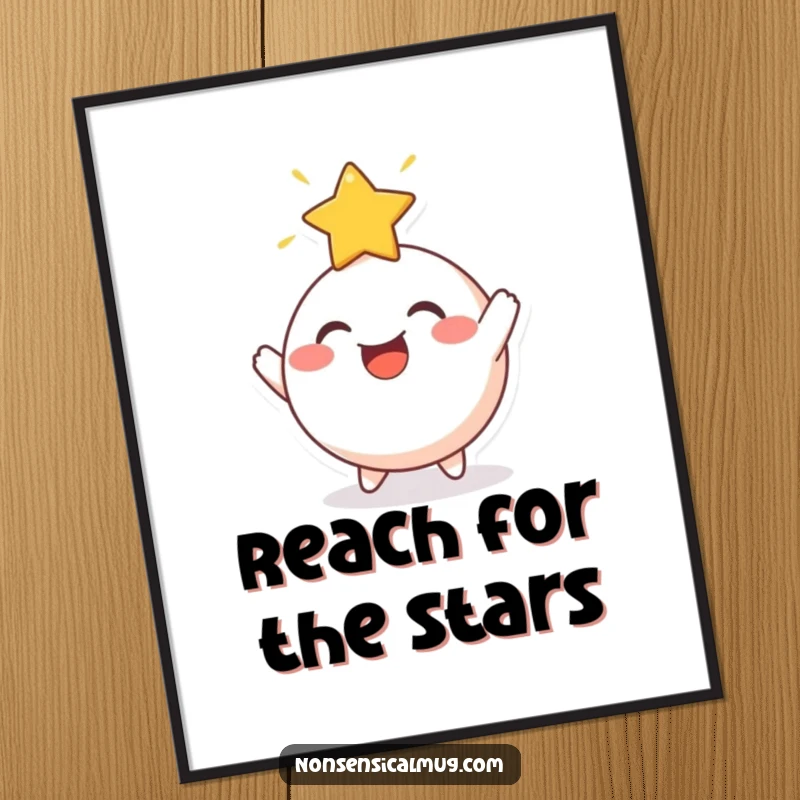 Funny Poster: A cheerful, round character joyfully bouncing a radiant star off its head, bringing celestial inspiration.