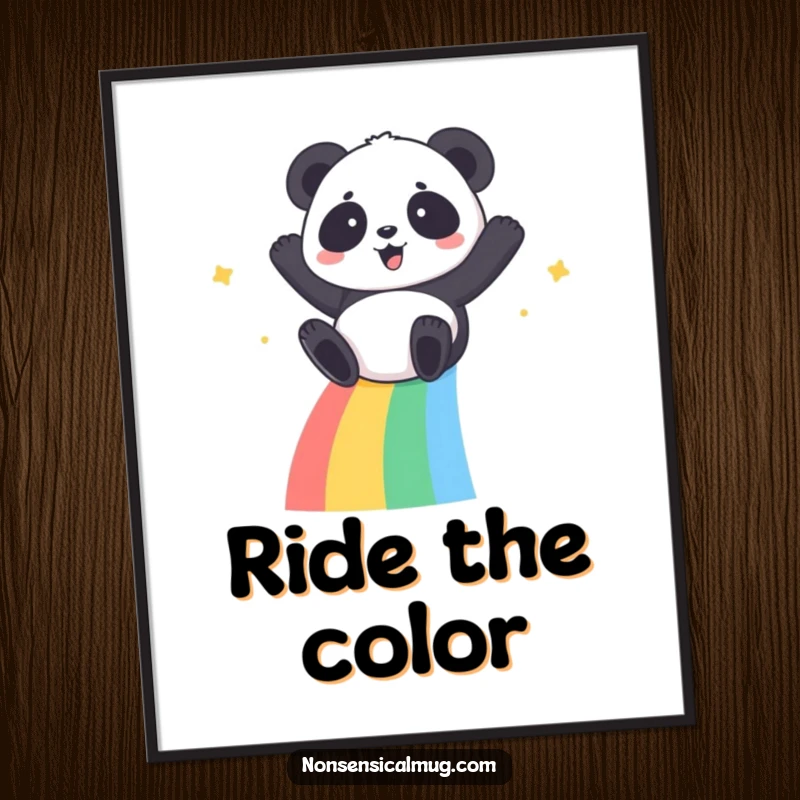 Kawaii Panda Poster: A happy kawaii panda sliding down a colorful rainbow, adding joy and whimsy to walls.