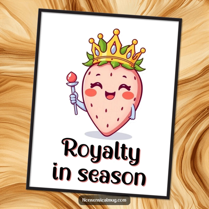 Funny smiling strawberry with a crown and scepter, rendered as a charming and humorous poster for wall decor.