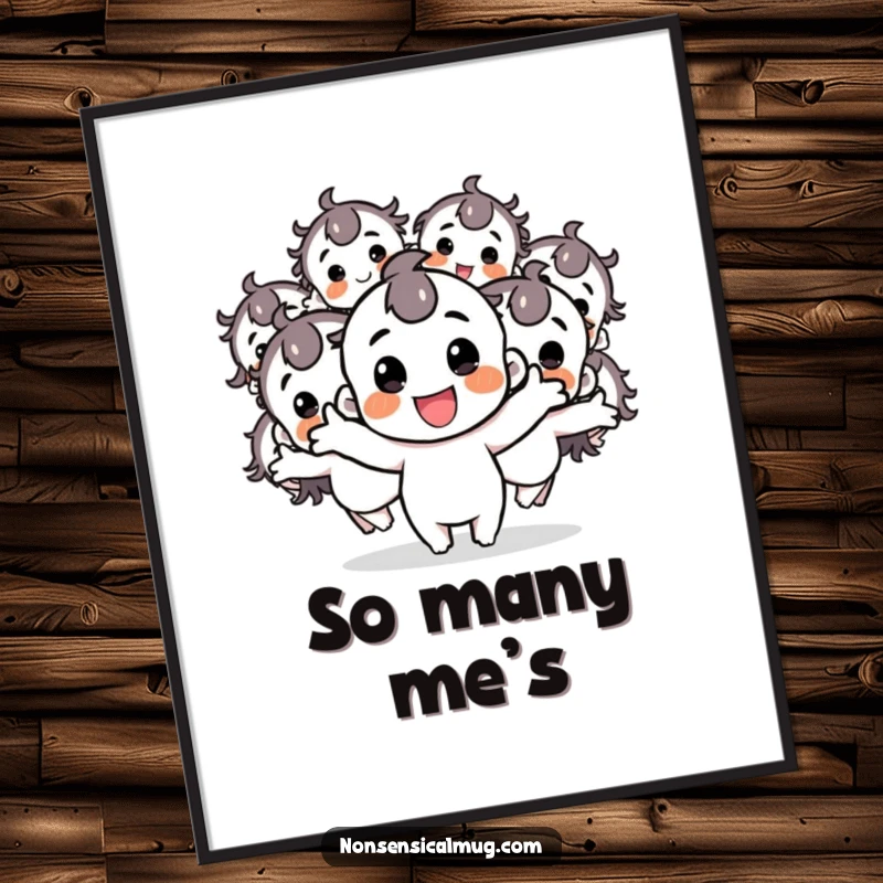 Funny poster art of a joyful character splitting into many energetic, bouncing duplicates, creating a dynamic and happy scene.