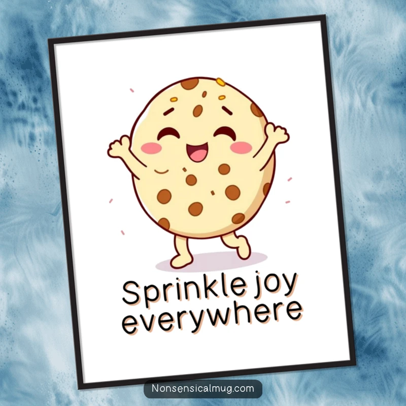 Funny delighted cookie character doing a happy dance with sprinkles, designed as vibrant wall art, a humorous decorative piece.