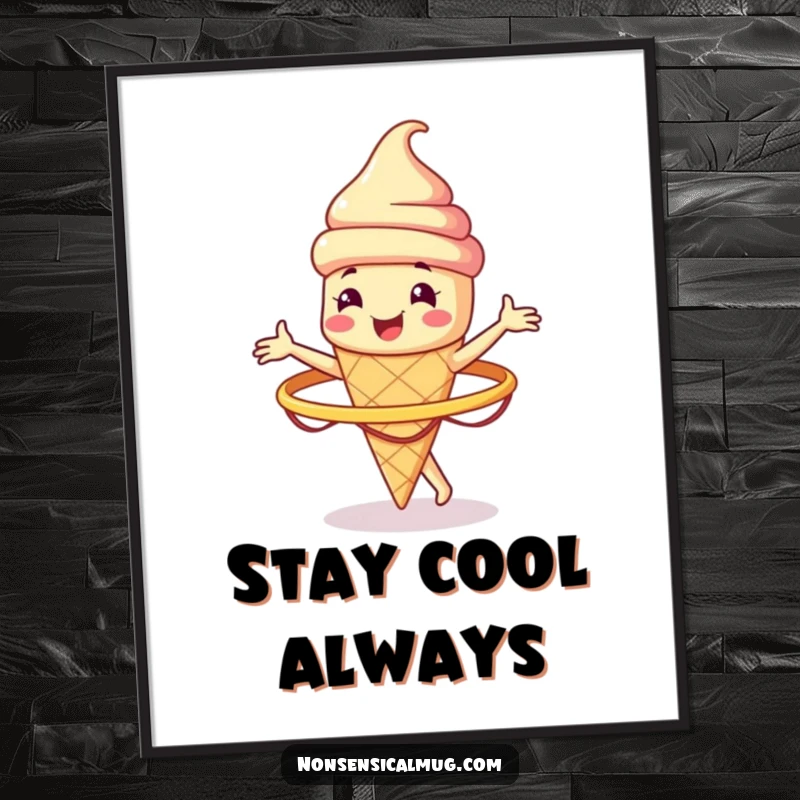 Funny smiling ice cream cone character spinning a hula hoop, designed as vibrant wall art, a humorous and cool decorative piece.