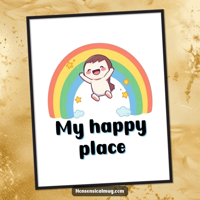 Funny poster: a laughing character slides down a vivid rainbow, with a playful trail of stars.