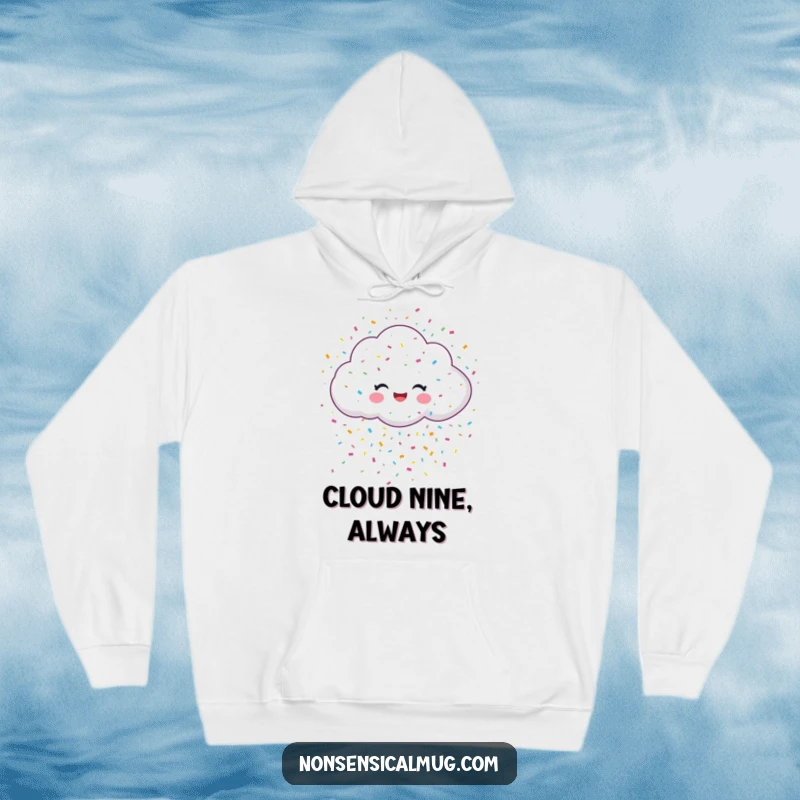 Funny hoodie depicting a smiling cloud showering down a delightful mix of colorful confetti, a symbol of cheerful celebration.